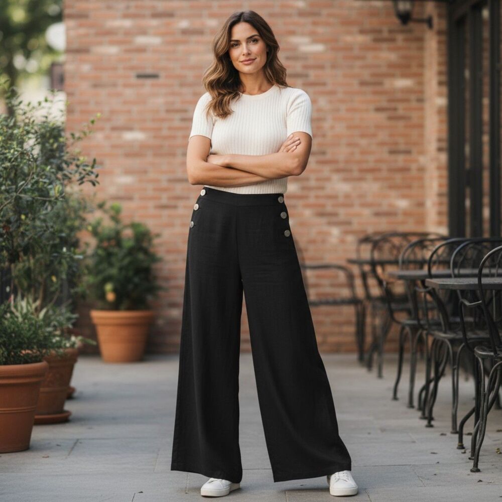 Soft Surroundings Black Tencel Wide Leg Sailor Pants High Rise size M medium